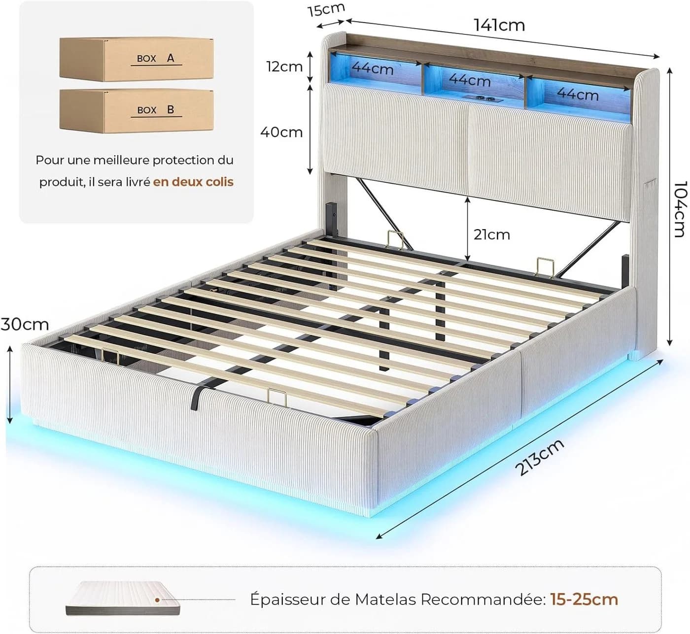 MSMASK Polsterbett Beige mit LED Licht und Stauraum