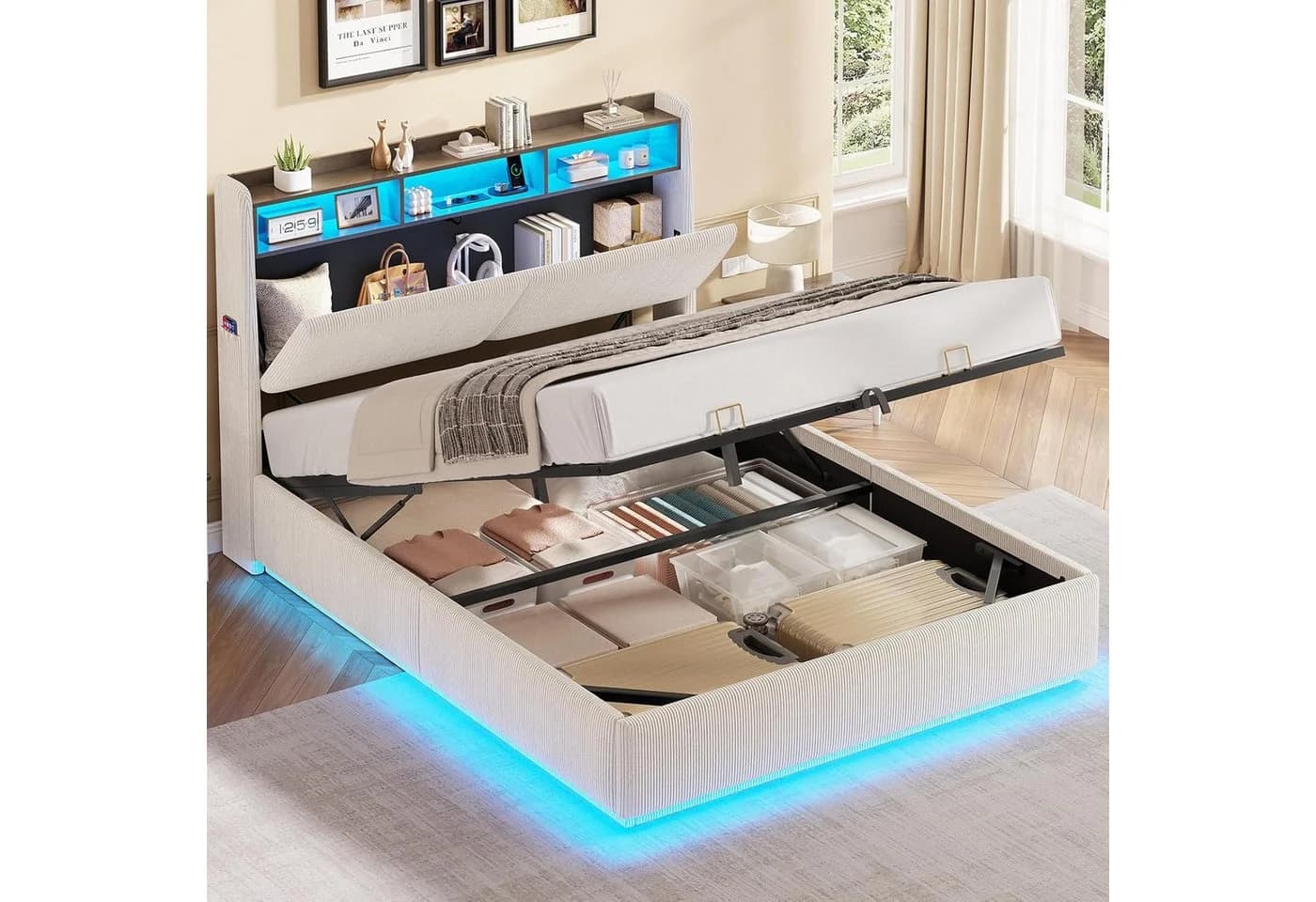 MSMASK Polsterbett Beige mit LED Licht und Stauraum - Bild 3