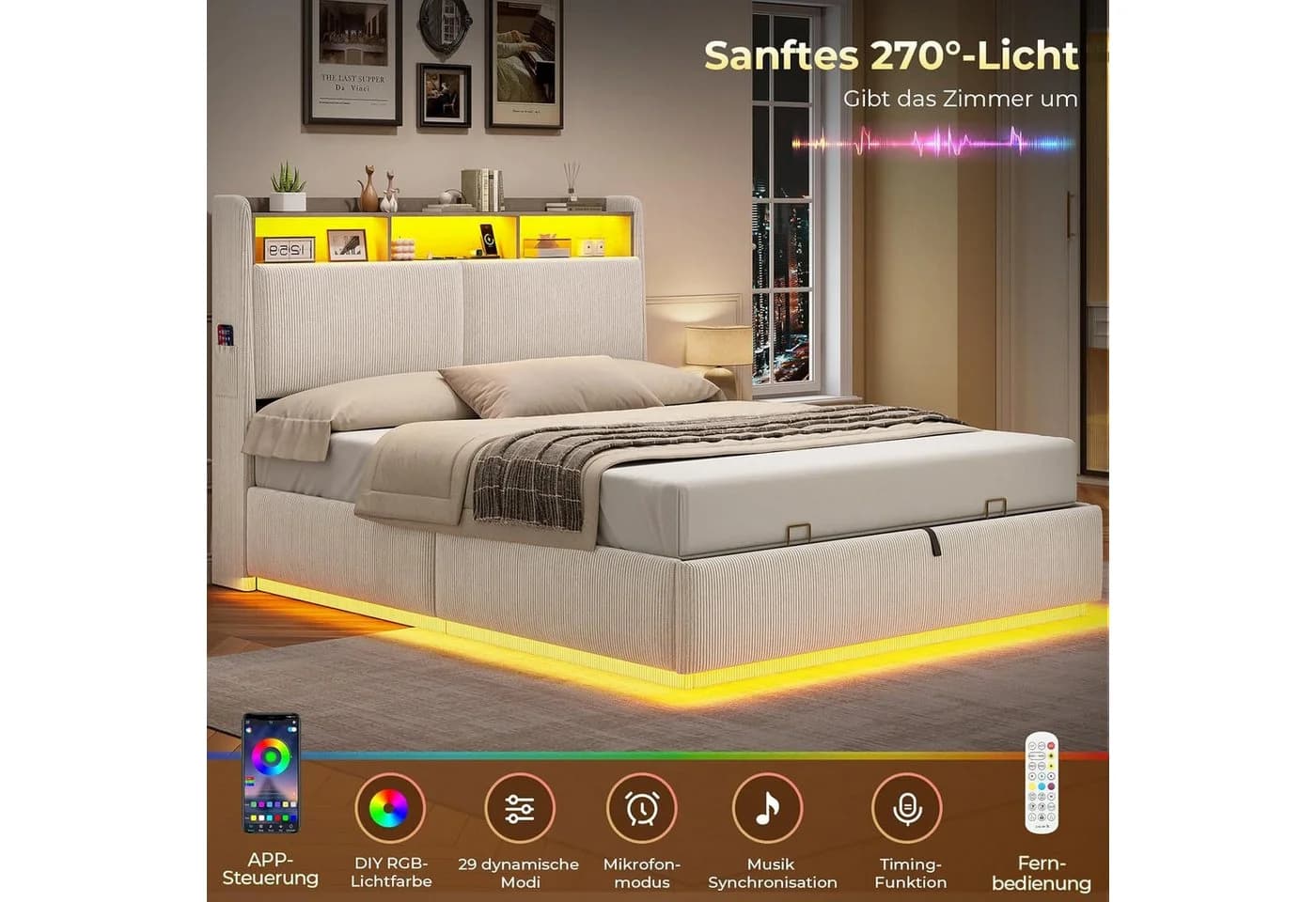 MSMASK Polsterbett Beige mit LED Licht und Stauraum - Bild 5