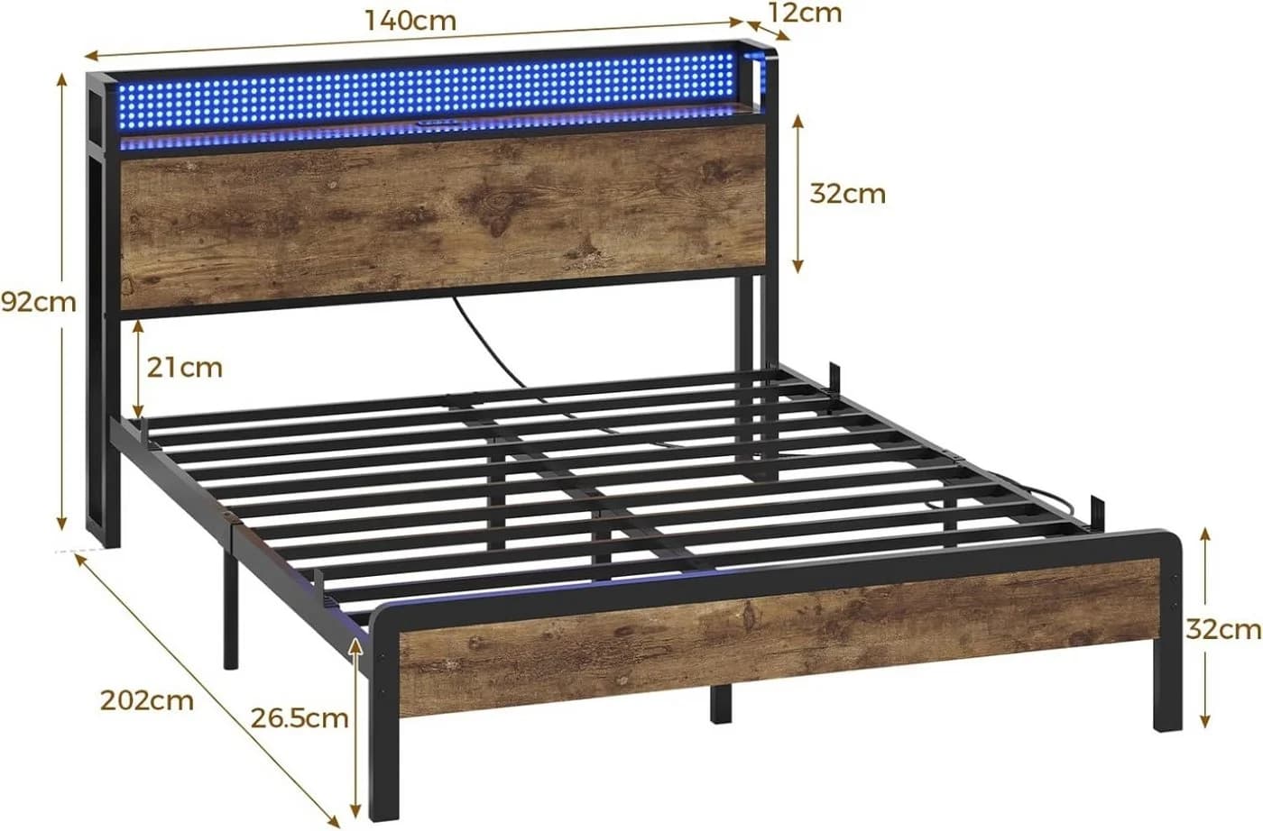 KIMENICH Metallbett mit LED-Beleuchtung Vintage Braun 140x200cm