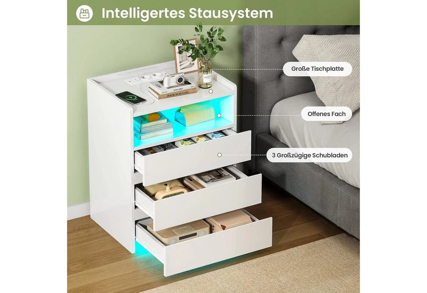 MSMASK Nachttisch 3 Schubladen Steckdosenleiste LED-Beleuchtung Weiß/Schwarz - Bild 3