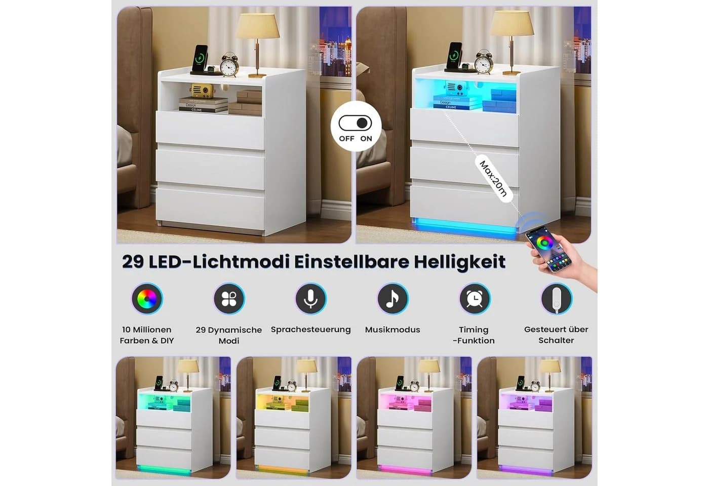 MSMASK Nachttisch 3 Schubladen Steckdosenleiste LED-Beleuchtung Weiß/Schwarz - Bild 4