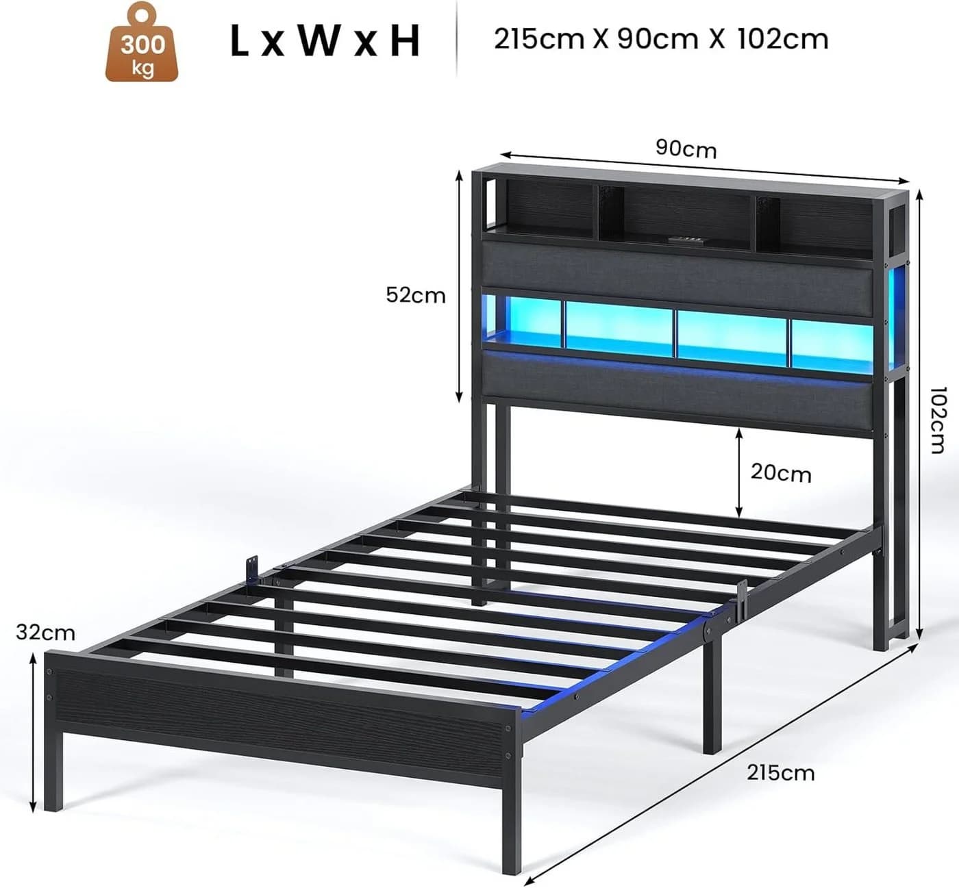 MSMASK Metallbett mit LED Beleuchtung & Ladestation, Kinderbett Jugendbett 90x200cm