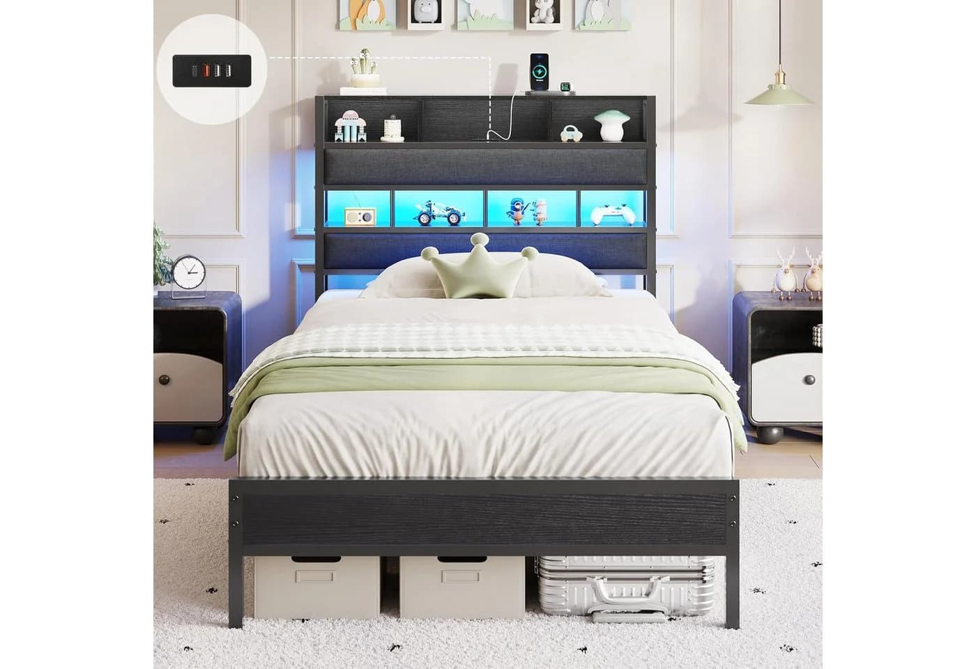 MSMASK Metallbett mit LED Beleuchtung & Ladestation, Kinderbett Jugendbett 90x200cm - Bild 3