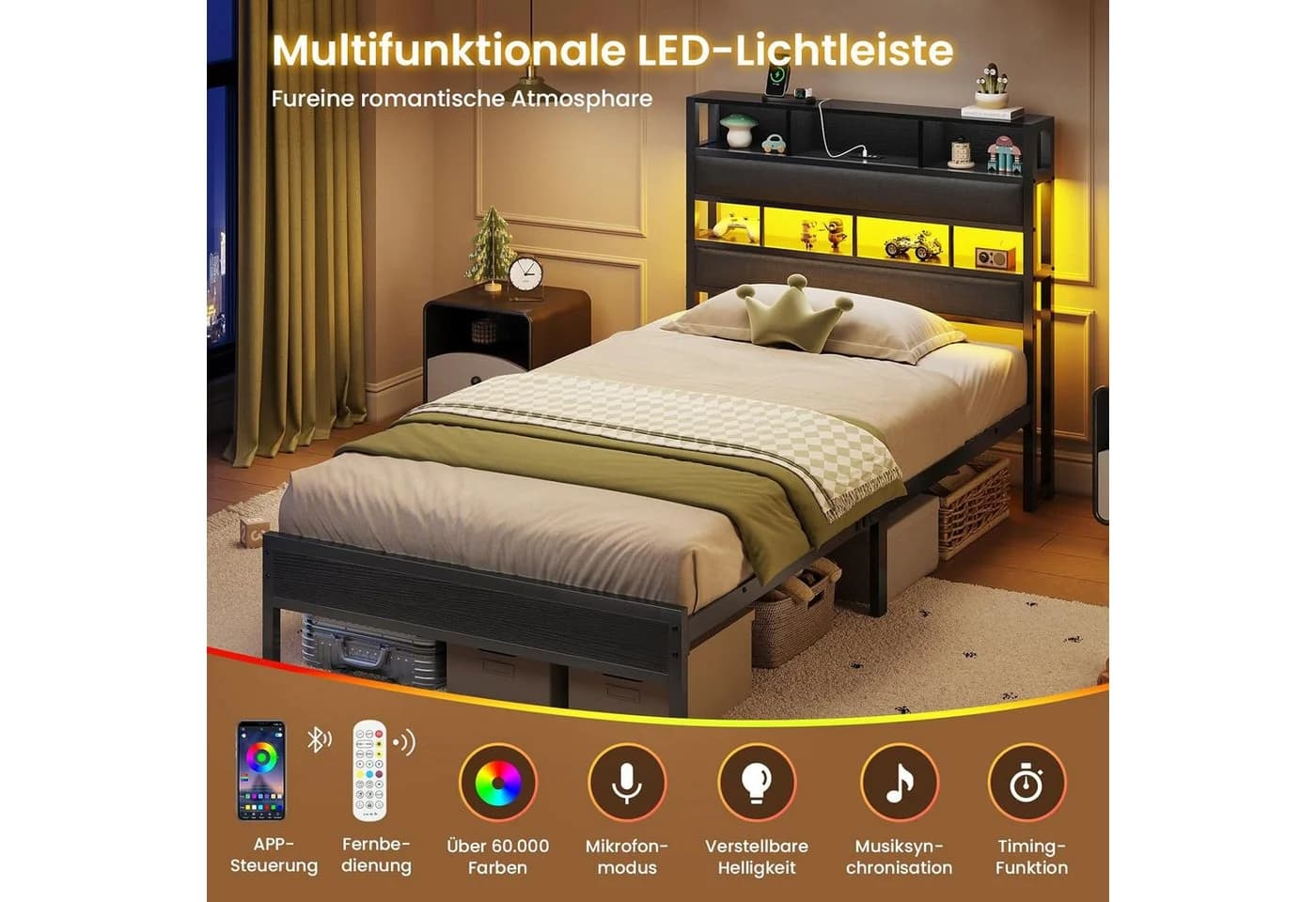 MSMASK Metallbett mit LED Beleuchtung & Ladestation, Kinderbett Jugendbett 90x200cm - Bild 4