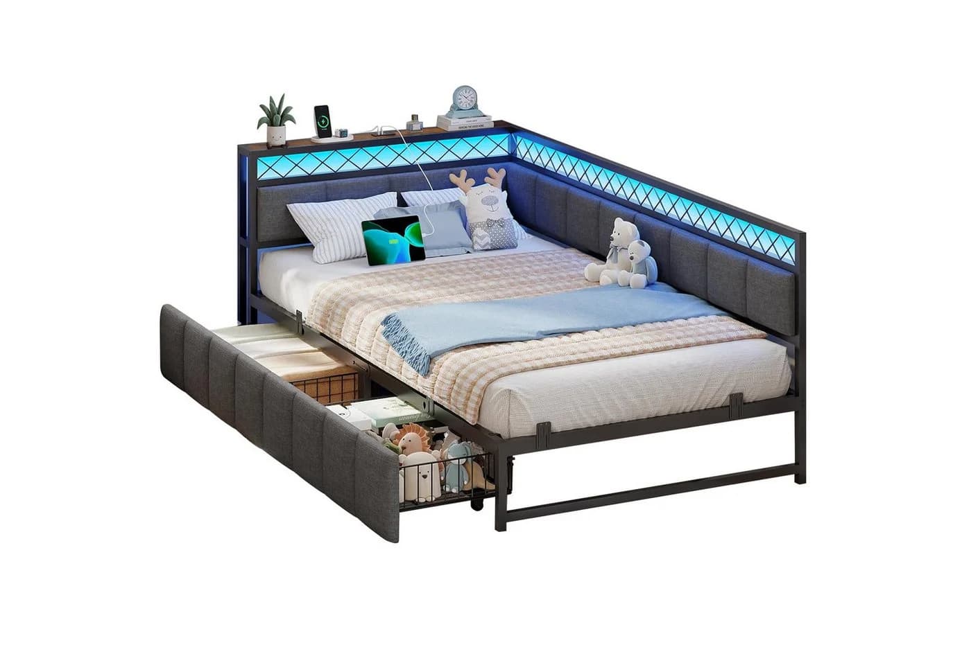 MSMASK Polsterbett mit LED-Beleuchtung und USB-Steckdosen Grau - Bild 2