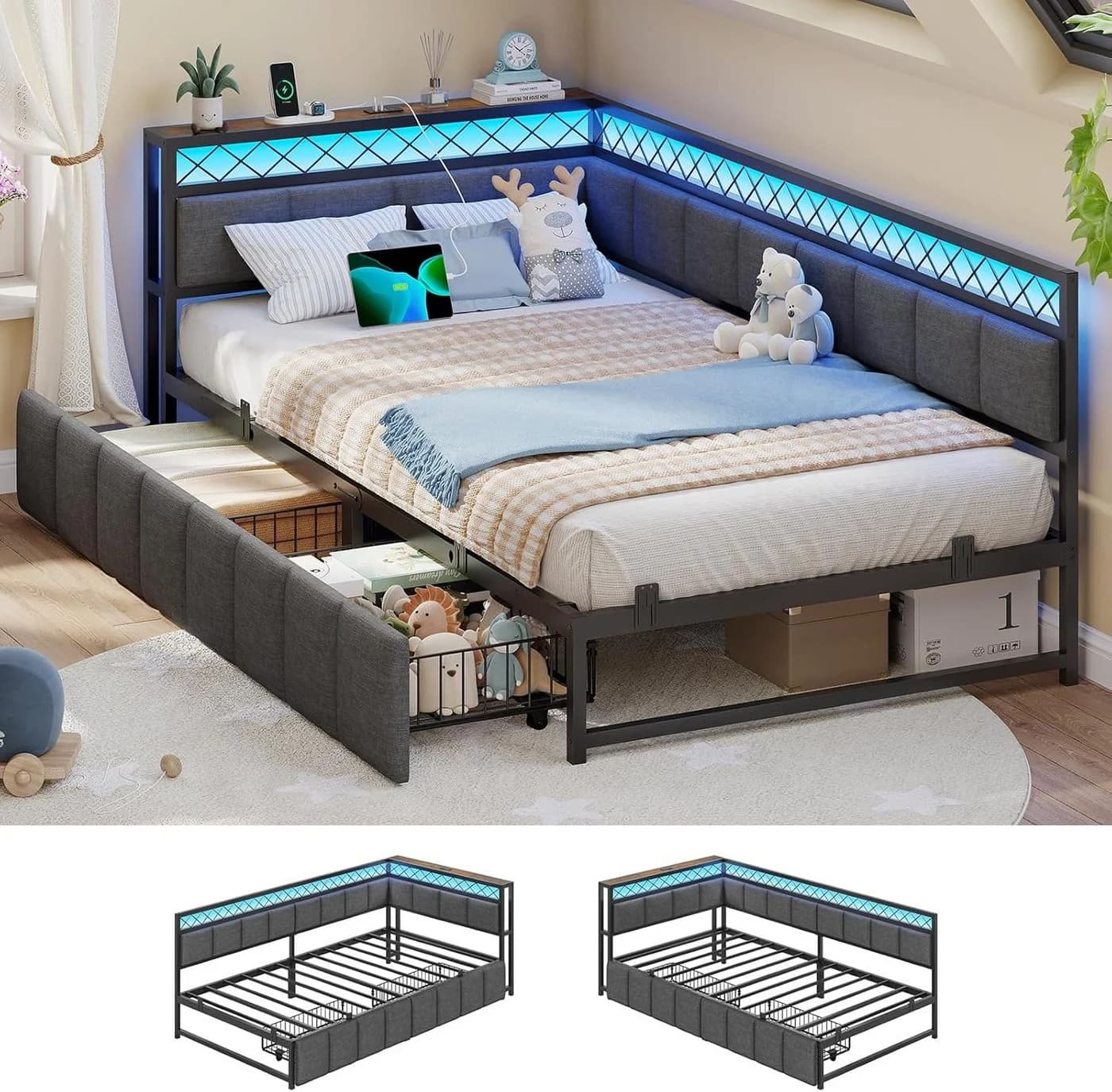 MSMASK Polsterbett mit LED-Beleuchtung und USB-Steckdosen Grau - Bild 3