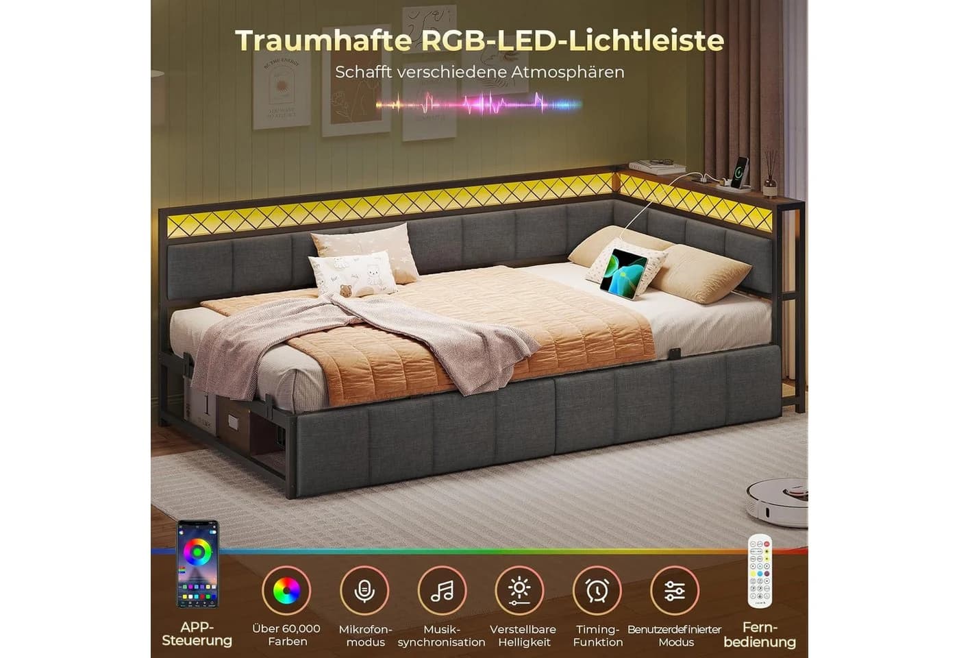 MSMASK Polsterbett mit LED-Beleuchtung und USB-Steckdosen Grau - Bild 4