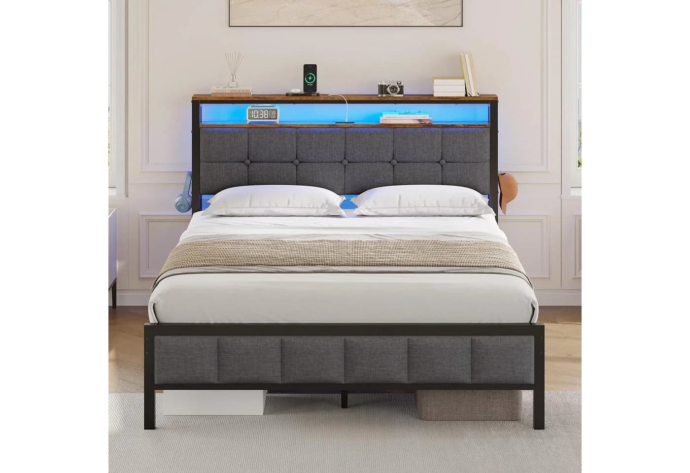 MSMASK Polsterbett mit Ladestation und LED-Beleuchtung Grau 140x200cm - Bild 3