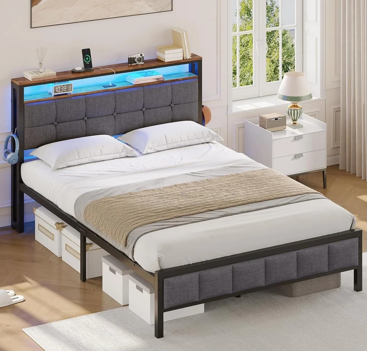 MSMASK Polsterbett mit Ladestation und LED-Beleuchtung Grau 140x200cm - Bild 4