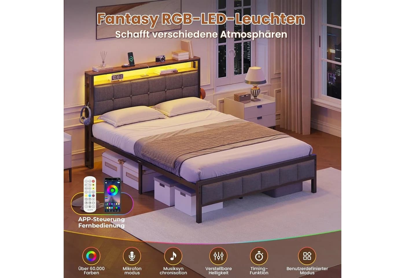 MSMASK Polsterbett mit Ladestation und LED-Beleuchtung Grau 140x200cm - Bild 5