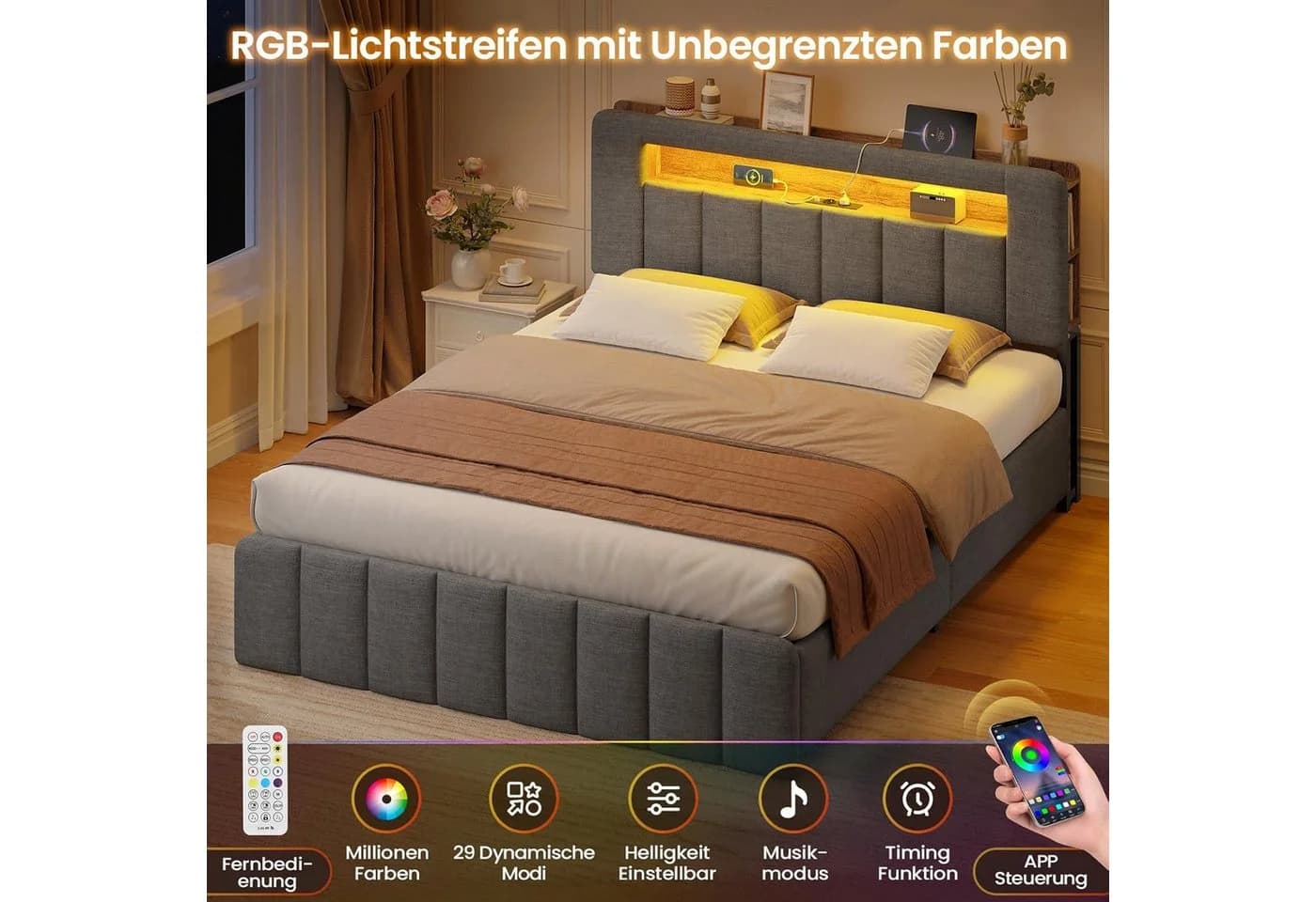 MSMASK Polsterbett Hydraulisches Bett mit LED-Beleuchtung und Ladestation 140x200cm Leinen - Bild 5