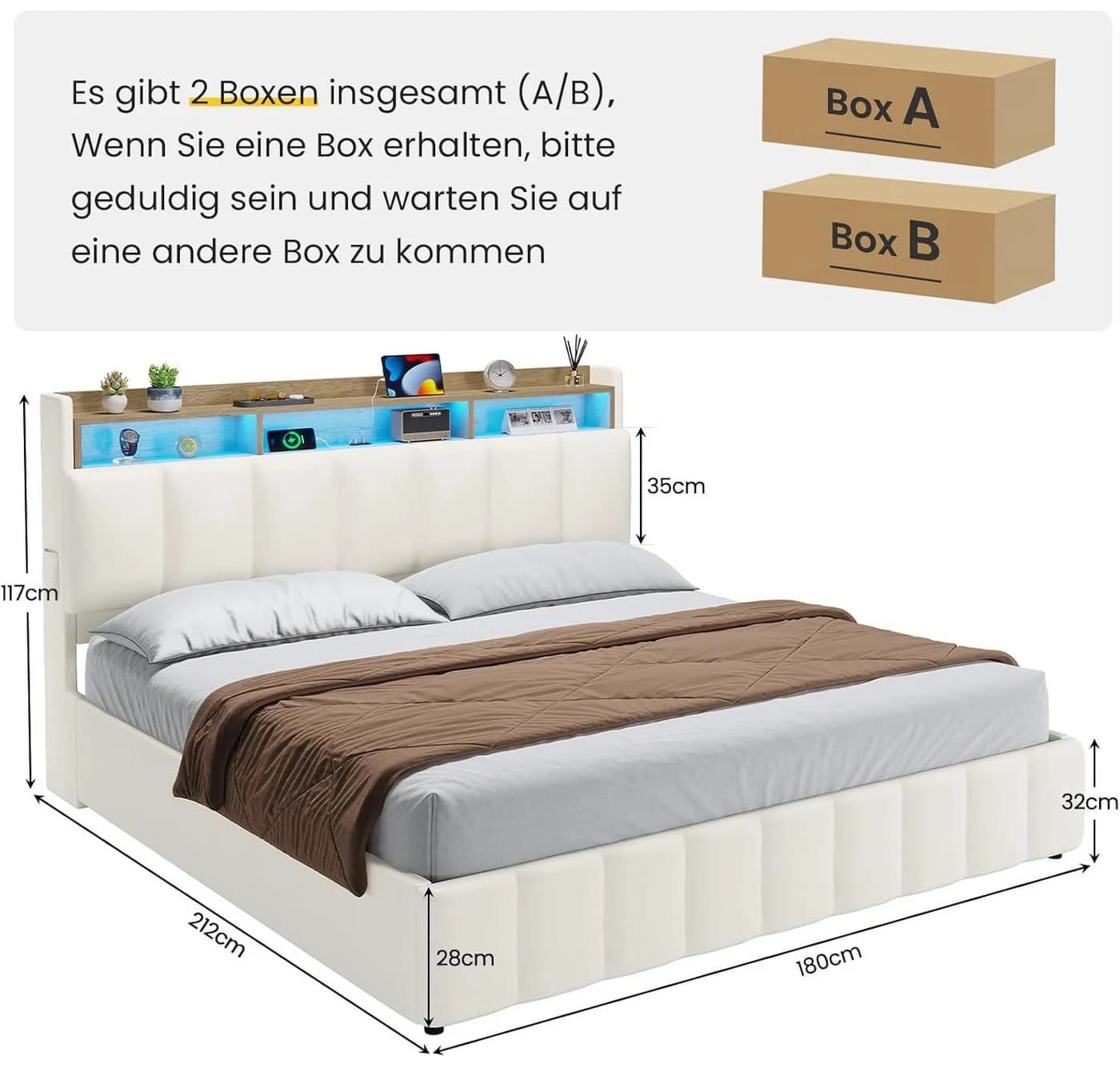 KIMENICH Polsterbett mit LED Beleuchtung und Ladefunktion, Jugendbett Hydraulisches Stauraumbett, 180x200 cm