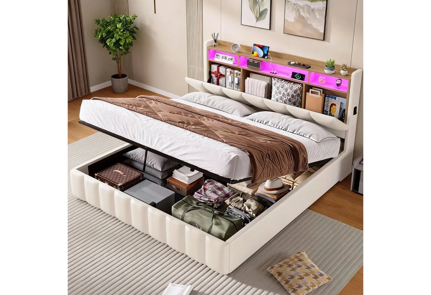 KIMENICH Polsterbett mit LED Beleuchtung und Ladefunktion, Jugendbett Hydraulisches Stauraumbett, 180x200 cm - Bild 2