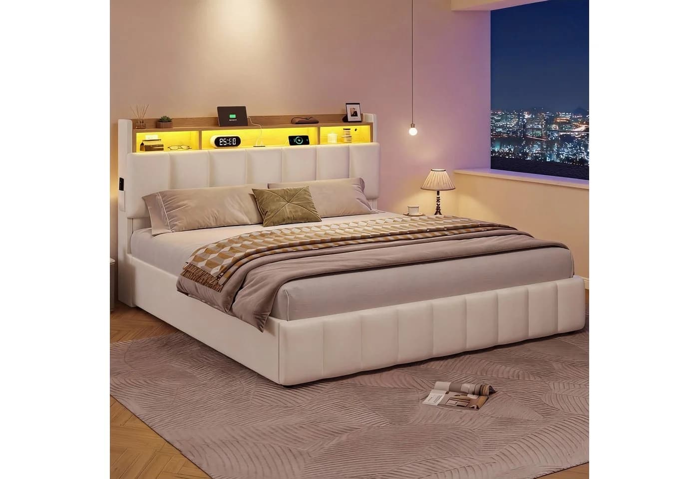 KIMENICH Polsterbett mit LED Beleuchtung und Ladefunktion, Jugendbett Hydraulisches Stauraumbett, 180x200 cm - Bild 4