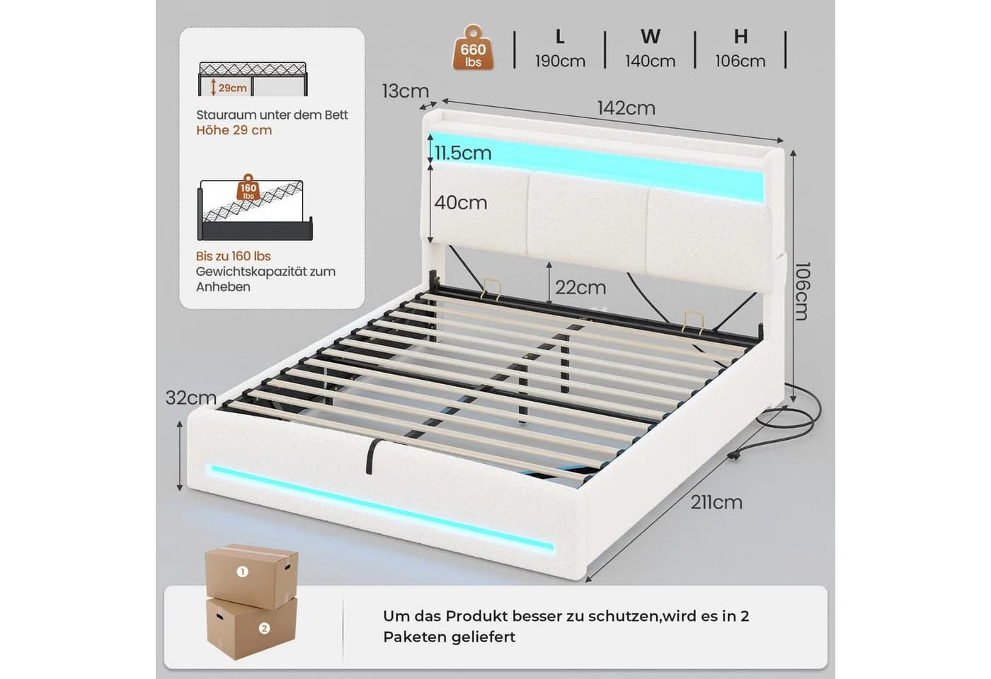 MSMASK Polsterbett mit Steckdosen und LED-Beleuchtung, Doppelbett mit Stauraum Kopfteil