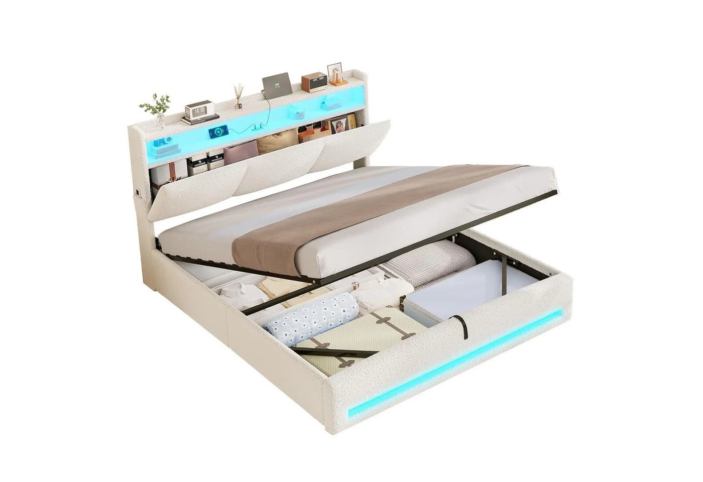 MSMASK Polsterbett mit Steckdosen und LED-Beleuchtung, Doppelbett mit Stauraum Kopfteil - Bild 2