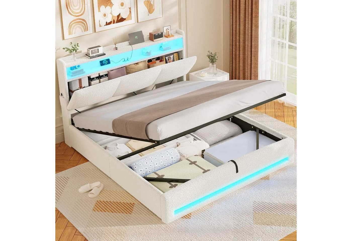 MSMASK Polsterbett mit Steckdosen und LED-Beleuchtung, Doppelbett mit Stauraum Kopfteil - Bild 3