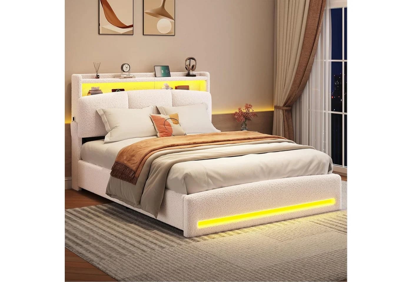 MSMASK Polsterbett mit Steckdosen und LED-Beleuchtung, Doppelbett mit Stauraum Kopfteil - Bild 5