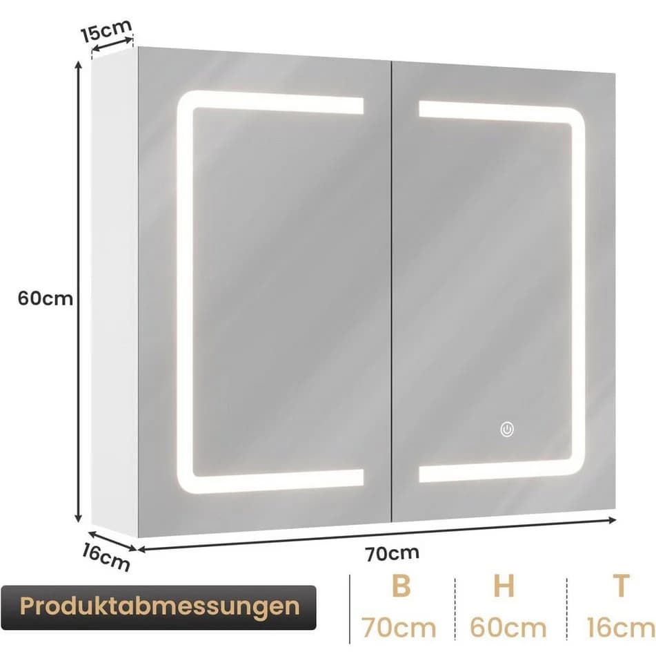 MSMASK Badezimmerspiegelschrank mit LED-Beleuchtung & Steckdose, 3 dimmbare Farbtemperaturen, Weiß