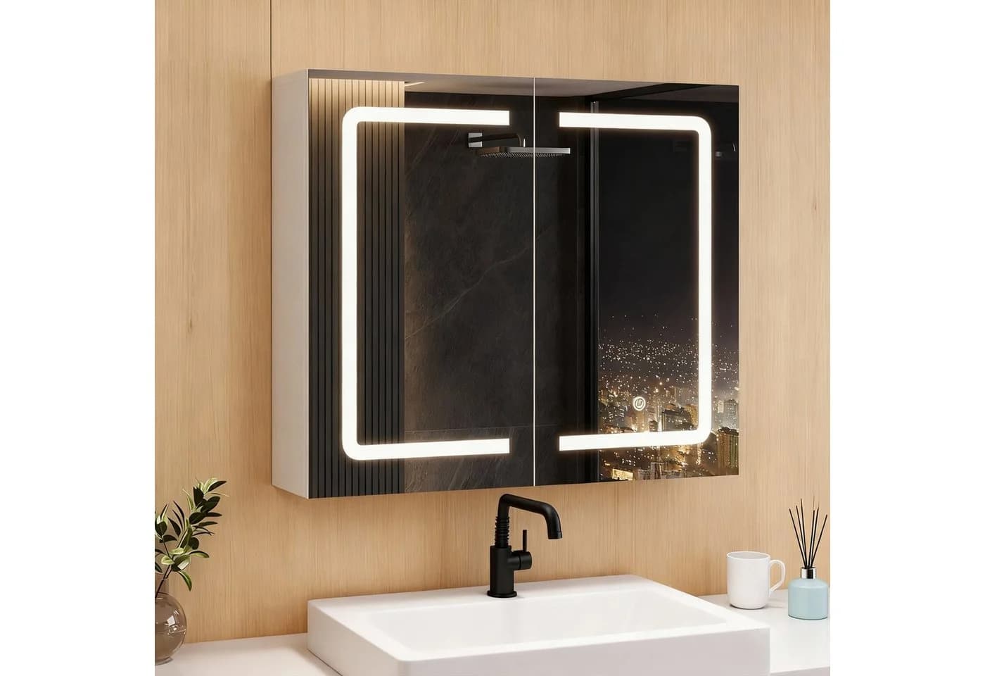 MSMASK Badezimmerspiegelschrank mit LED-Beleuchtung & Steckdose, 3 dimmbare Farbtemperaturen, Weiß - Bild 3