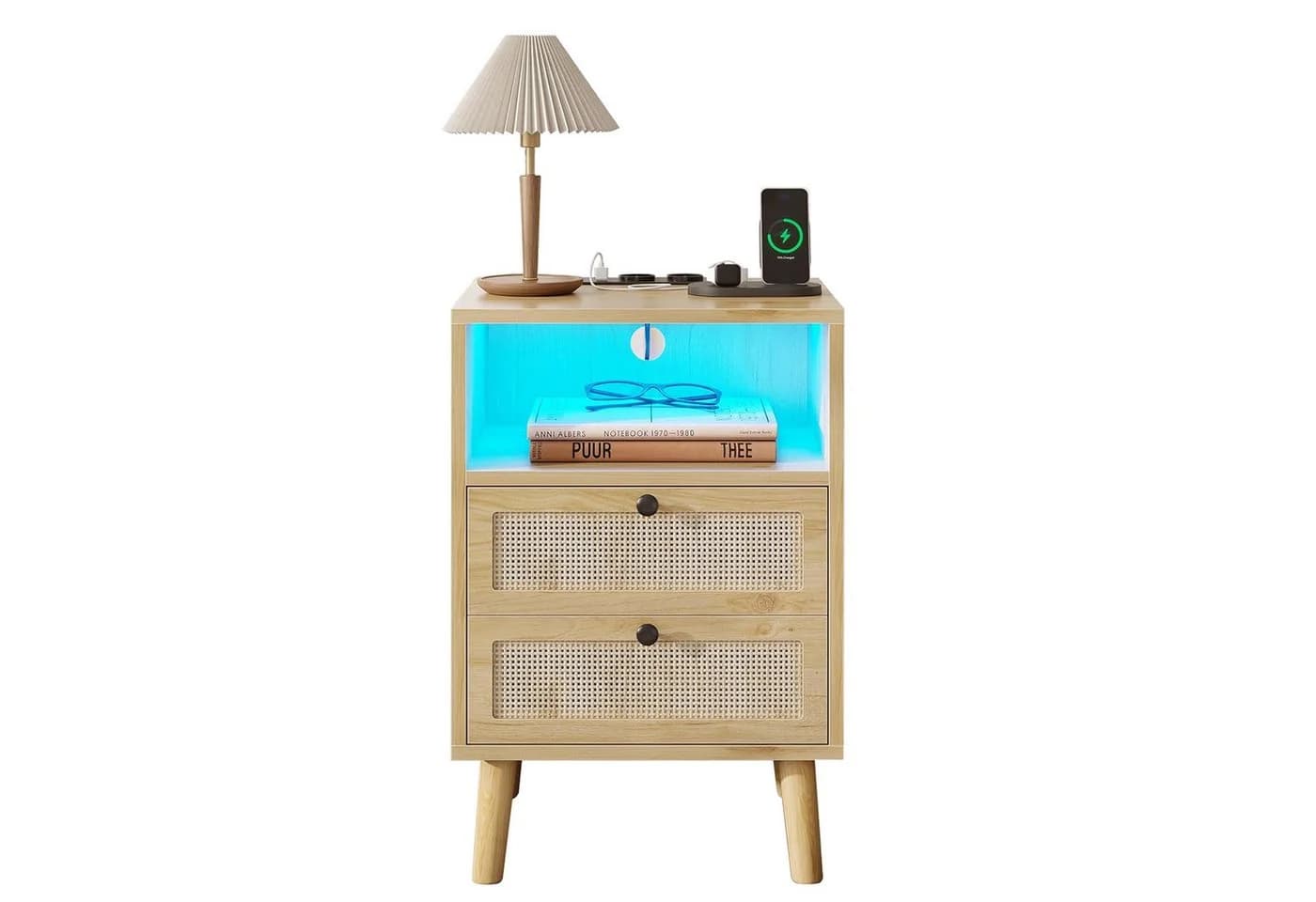 MSMASK Nachttisch Rattan Naturfarben USB-Ladestation LED-Beleuchtung - Bild 2