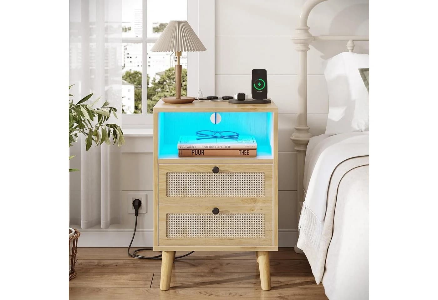 MSMASK Nachttisch Rattan Naturfarben USB-Ladestation LED-Beleuchtung - Bild 3