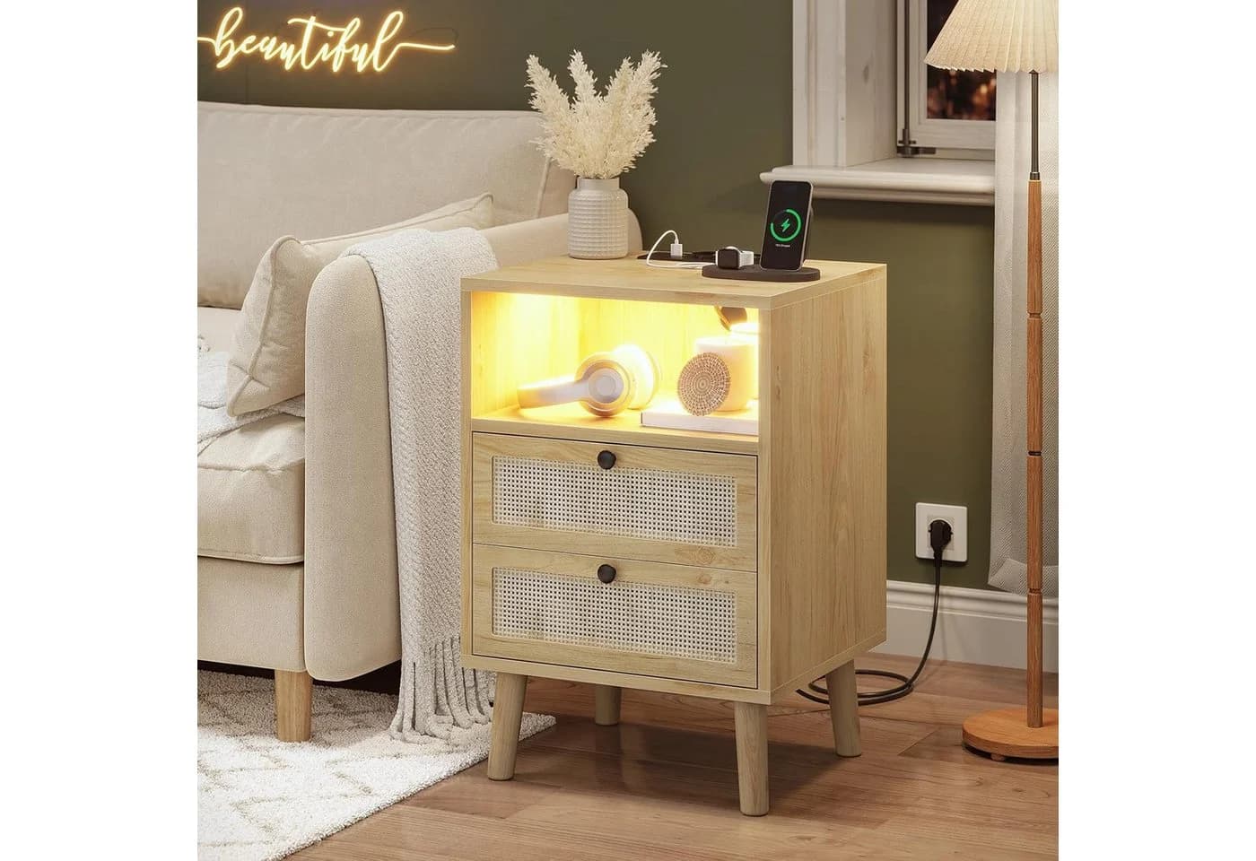 MSMASK Nachttisch Rattan Naturfarben USB-Ladestation LED-Beleuchtung - Bild 5