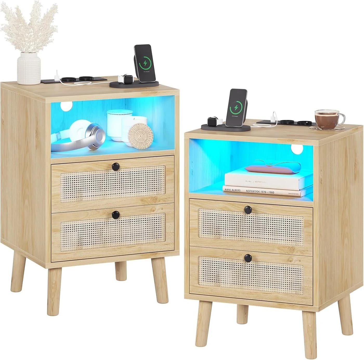 MSMASK Nachttisch Rattan Naturfarben USB-Ladestation LED-Beleuchtung - Bild 2