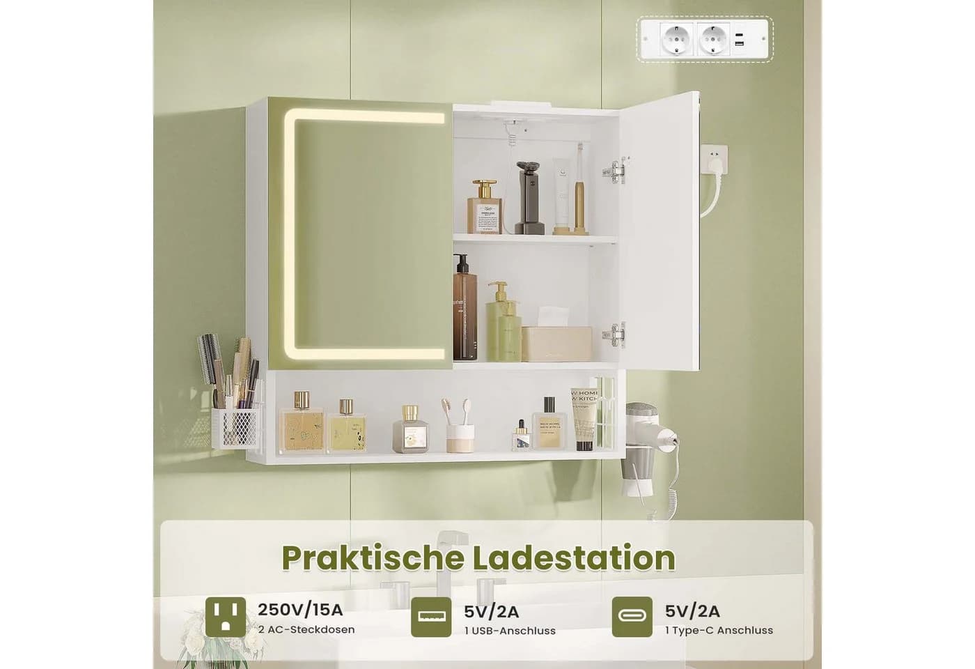 MSMASK Badezimmerspiegelschrank mit LED-Beleuchtung & Steckdose, Weiß - Bild 5