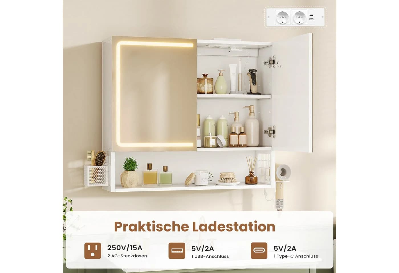 MSMASK Badezimmerspiegelschrank mit LED-Beleuchtung und Steckdose, Wandmontiert mit Stauraum - Bild 4