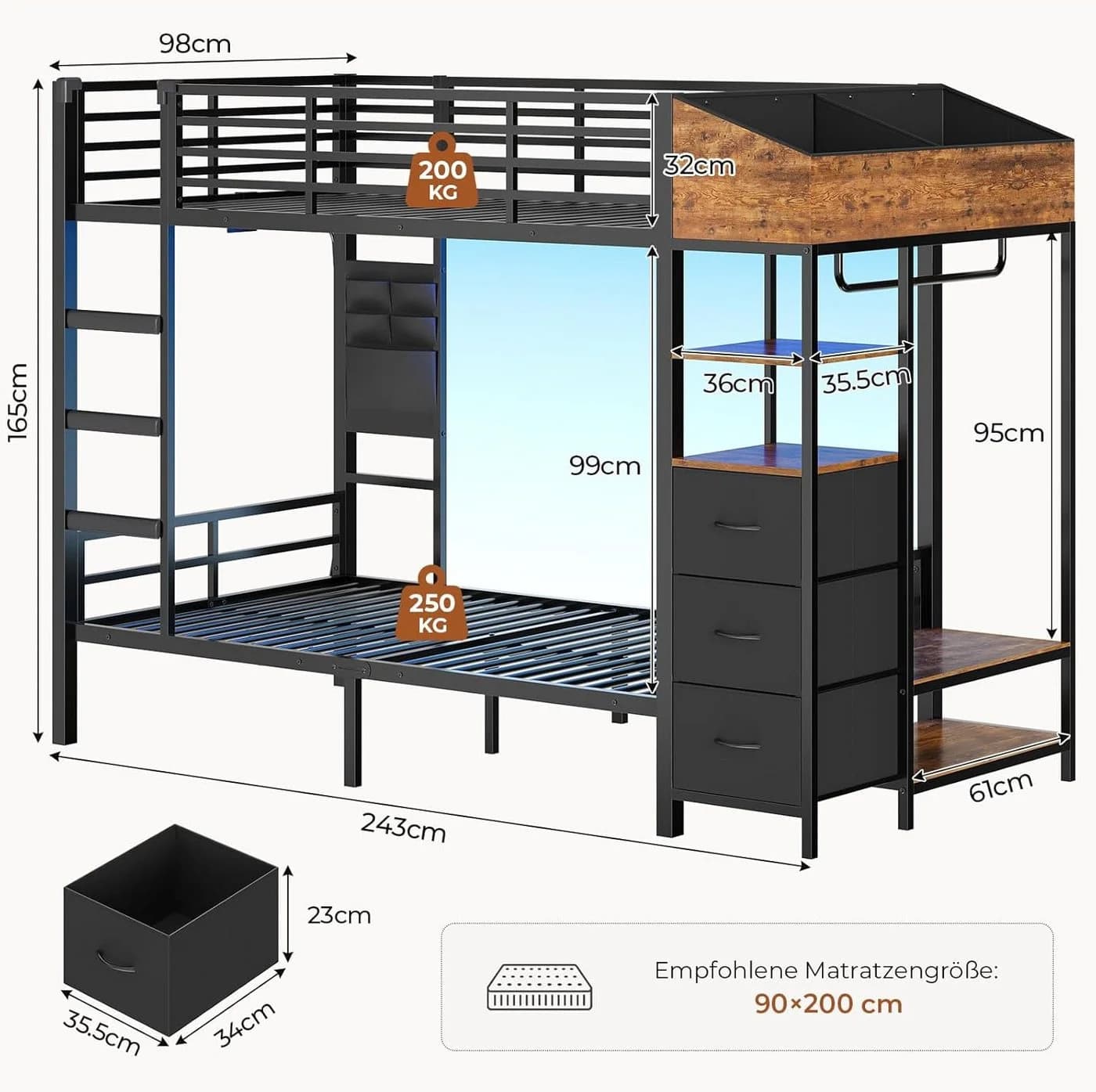 MSMASK Etagenbett mit Treppe, Garderobenständer und viel Stauraum, 90x200cm, Modernes Hochbett mit LED Beleuchtung und Ladestation