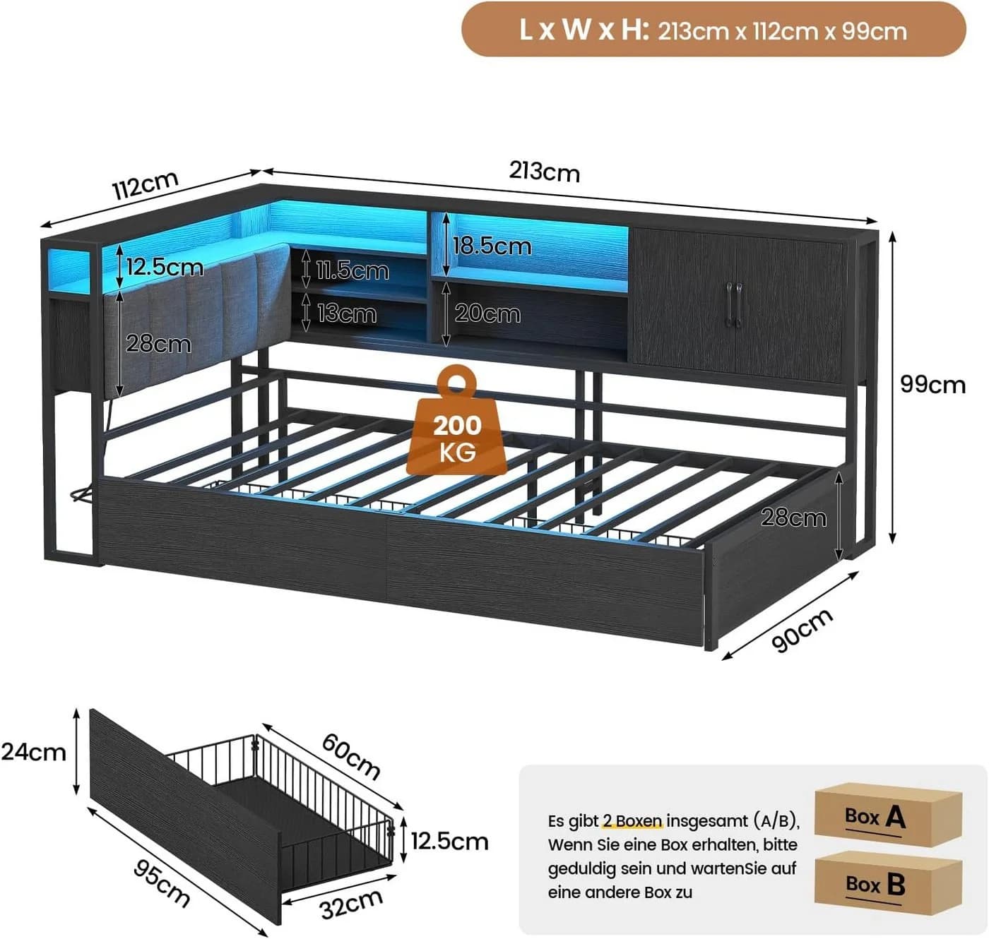 KIMENICH Polsterbett Jugendbett mit LED-Beleuchtung und USB-Ladestation