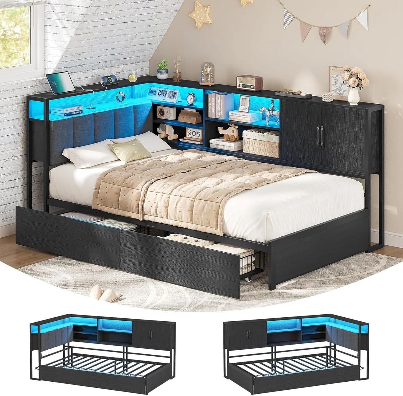 KIMENICH Polsterbett Jugendbett mit LED-Beleuchtung und USB-Ladestation - Bild 3