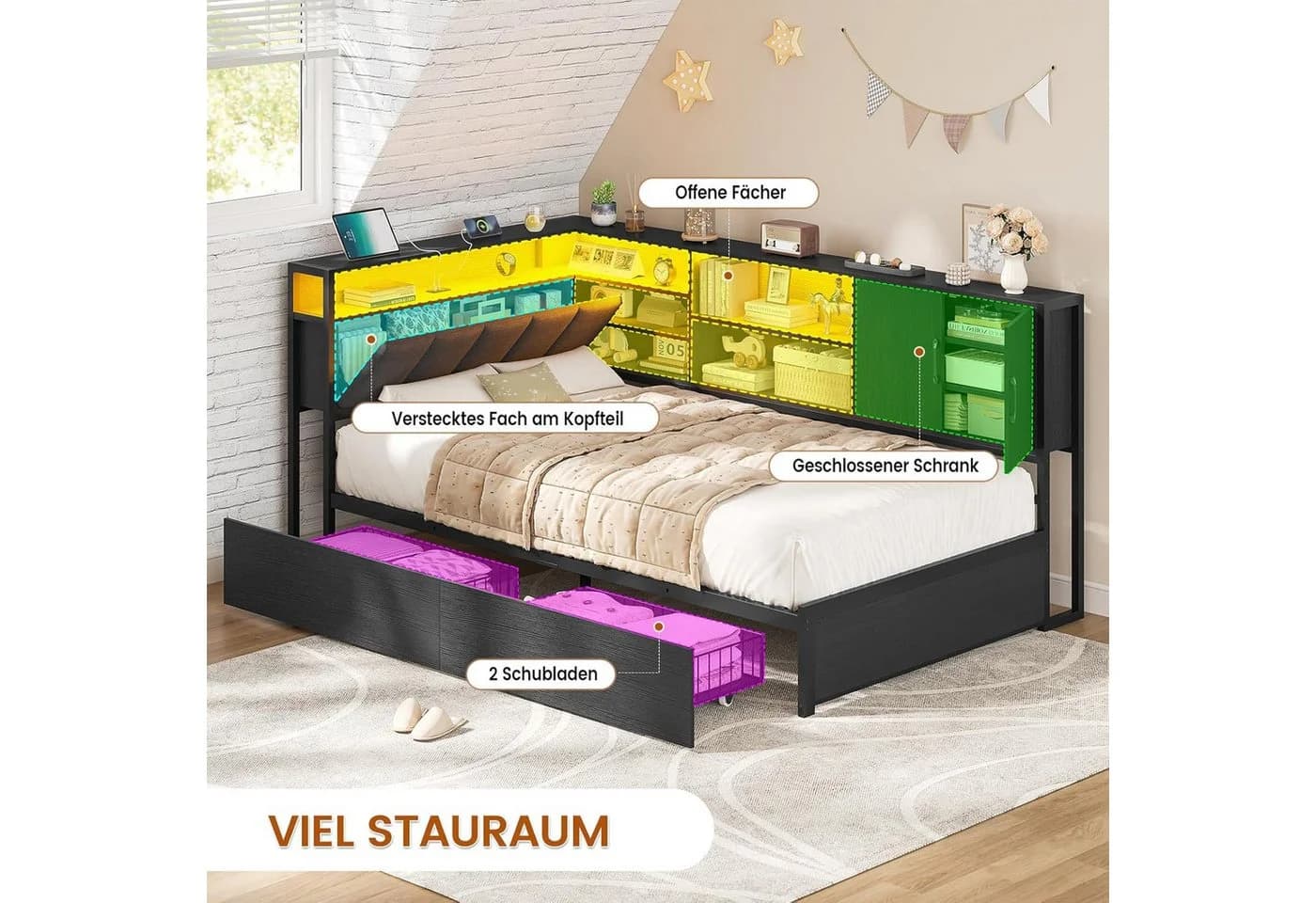 KIMENICH Polsterbett Jugendbett mit LED-Beleuchtung und USB-Ladestation - Bild 5