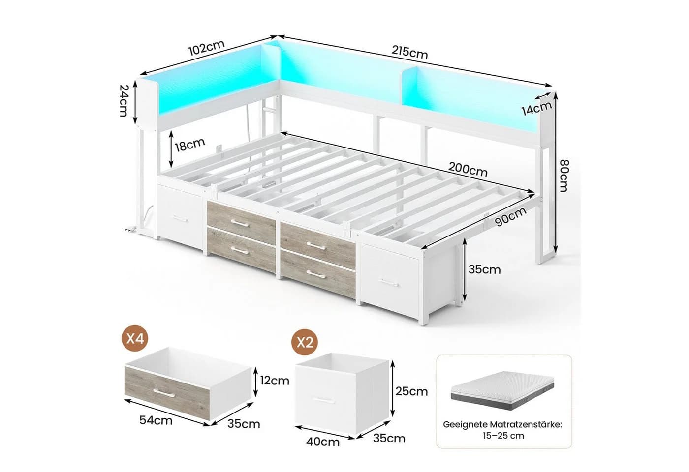 MSMASK Daybett Schlafsofa LED-Beleuchtung Ladestation Jugendbett Kinderbett Bücherregal 6 Schubladen