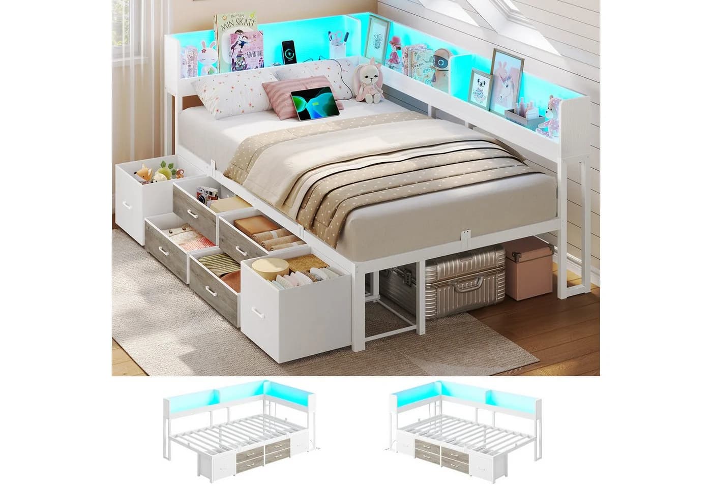 MSMASK Daybett Schlafsofa LED-Beleuchtung Ladestation Jugendbett Kinderbett Bücherregal 6 Schubladen - Bild 2