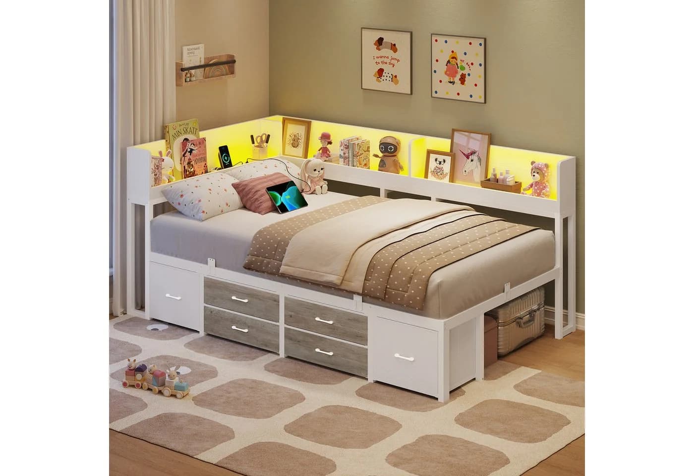 MSMASK Daybett Schlafsofa LED-Beleuchtung Ladestation Jugendbett Kinderbett Bücherregal 6 Schubladen - Bild 3