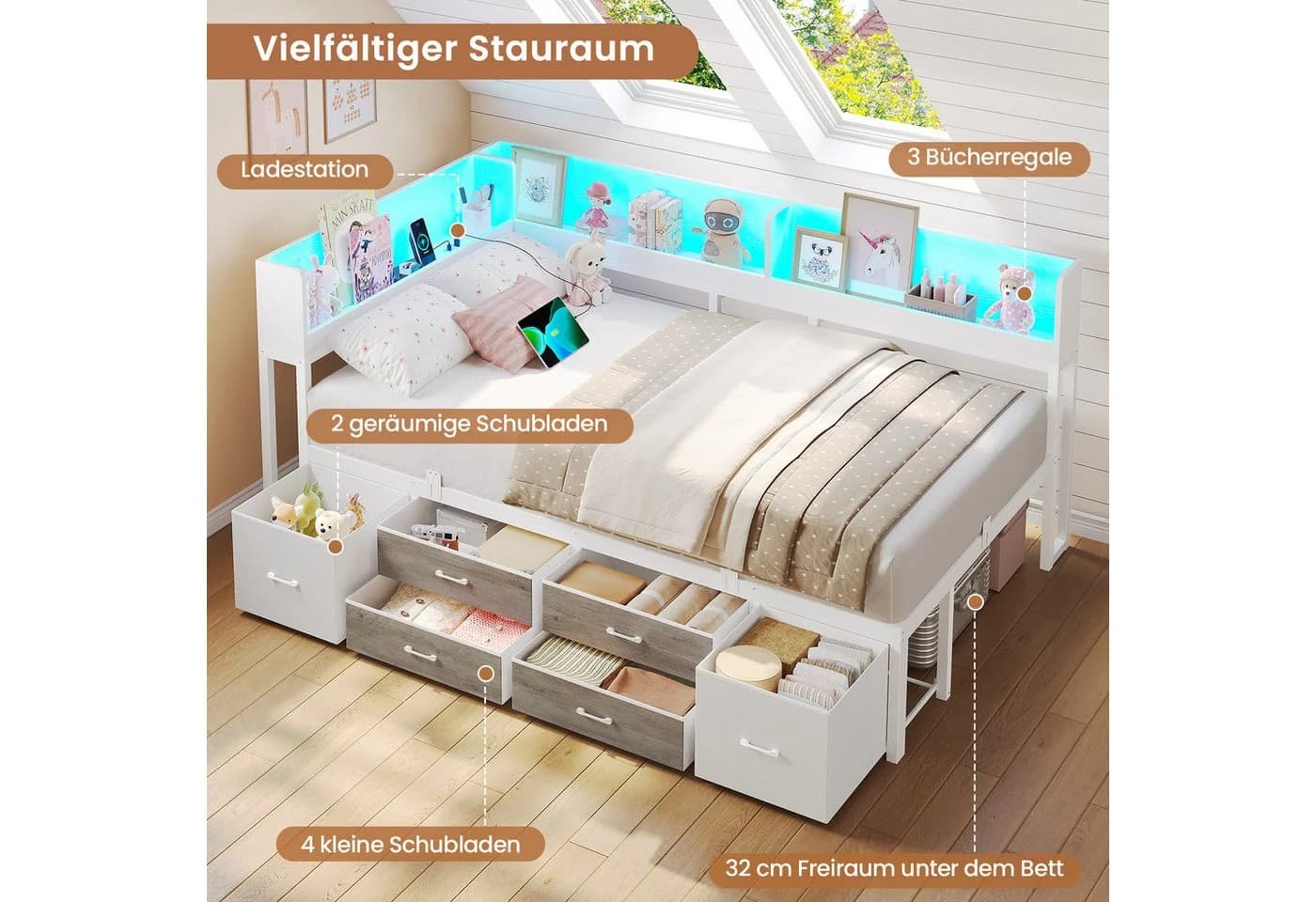 MSMASK Daybett Schlafsofa LED-Beleuchtung Ladestation Jugendbett Kinderbett Bücherregal 6 Schubladen - Bild 4