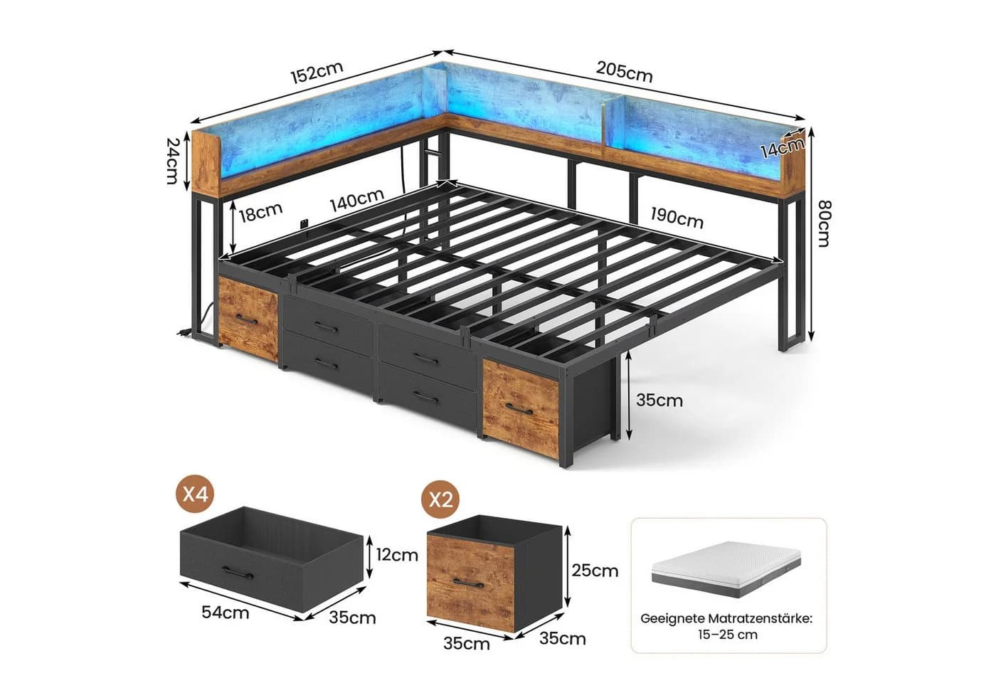 MSMASK Daybett Schlafsofa LED-Beleuchtung Ladestation