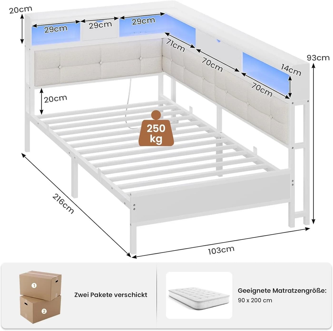 MSMASK Daybett Polsterbett Jugendbett mit LED-Beleuchtung und USB-Ladestation