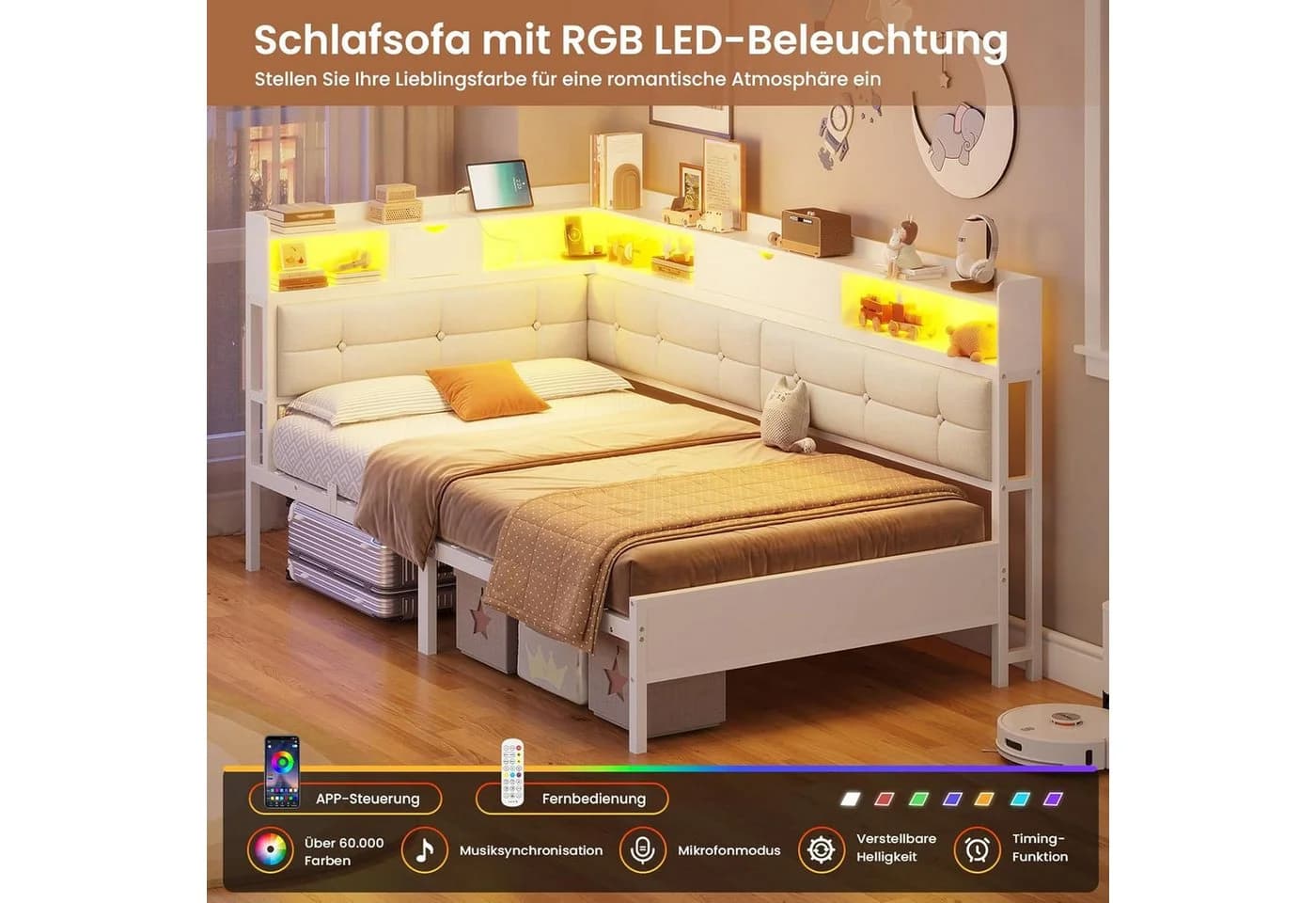 MSMASK Daybett Polsterbett Jugendbett mit LED-Beleuchtung und USB-Ladestation - Bild 3