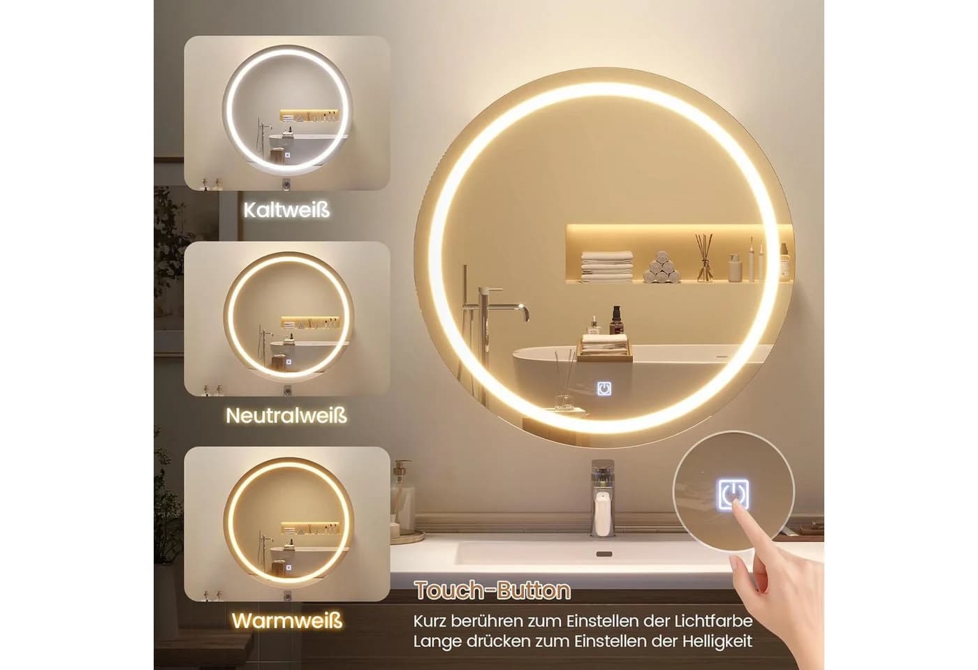 MSMASK Runder Badezimmerspiegelschrank mit LED, Steckdose & Fönhalter Weiß - Bild 5