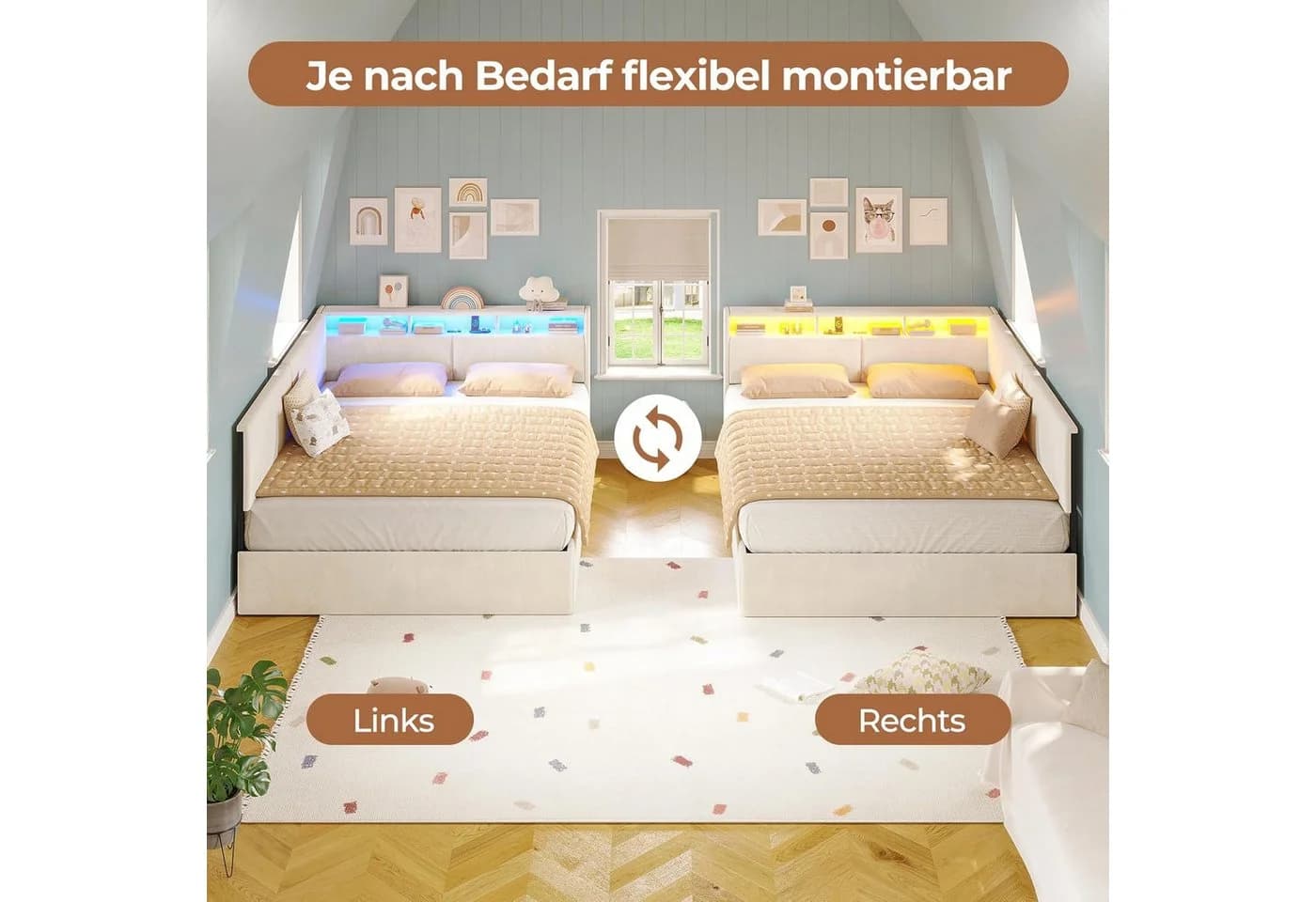 MSMASK Daybett mit LED-Kopfteil, USB, Beige Samt 140x200cm - Bild 3