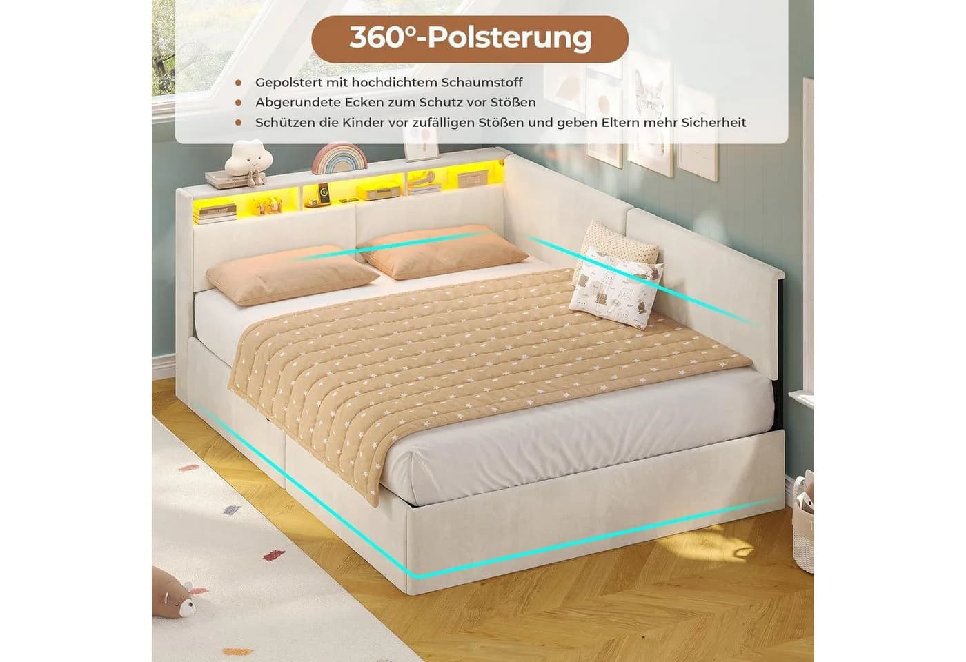 MSMASK Daybett mit LED-Kopfteil, USB, Beige Samt 140x200cm - Bild 4