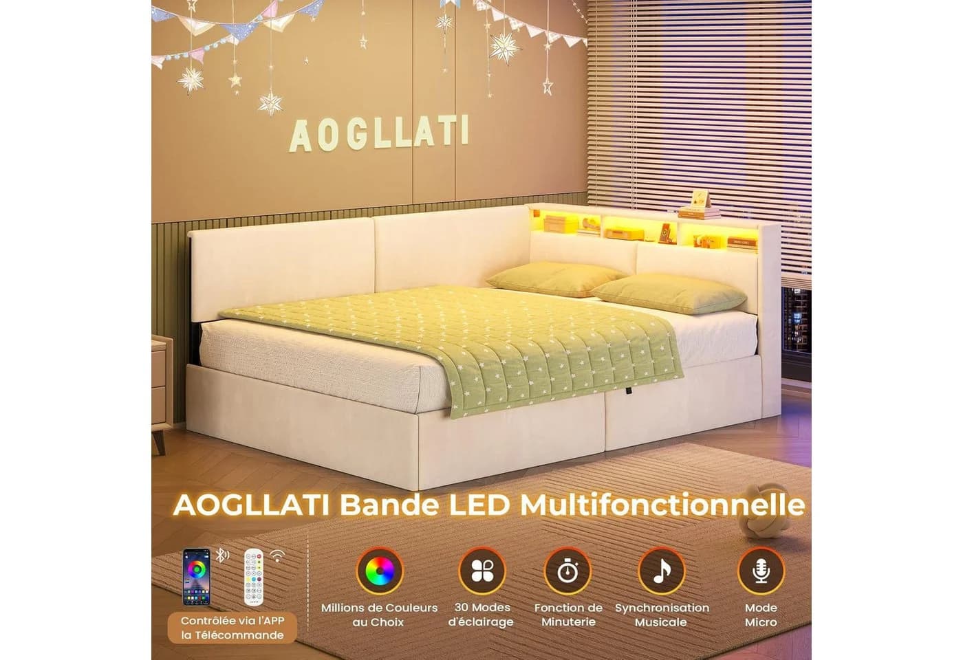 MSMASK Daybett mit LED-Kopfteil, USB, Beige Samt 140x200cm - Bild 5