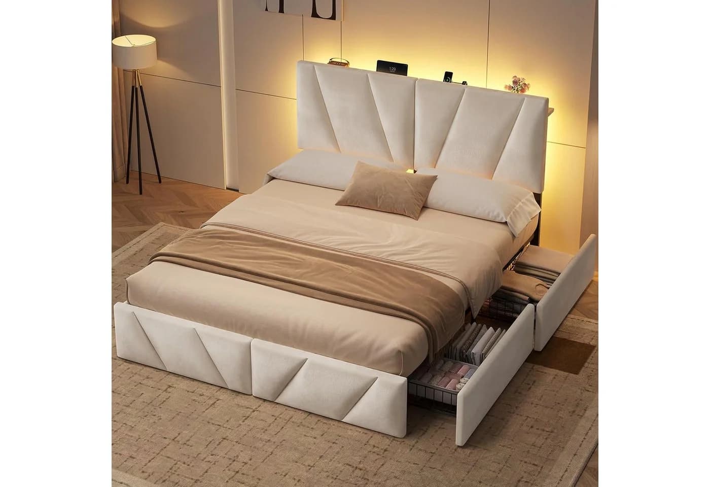 KIMENICH Polsterbett Beige Samt mit 4 Schubladen, LED & Steckdose - Bild 2