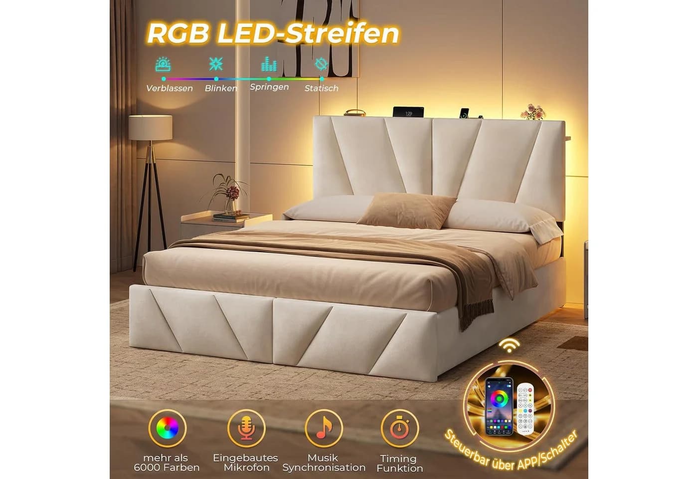 KIMENICH Polsterbett Beige Samt mit 4 Schubladen, LED & Steckdose - Bild 3