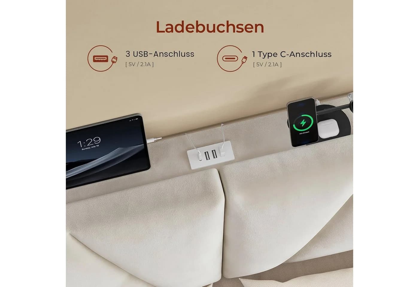 KIMENICH Polsterbett Beige Samt mit 4 Schubladen, LED & Steckdose - Bild 5