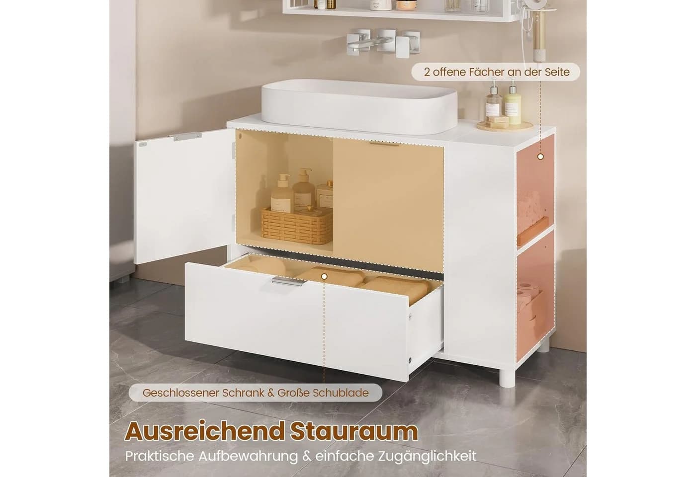 MSMASK Waschbeckenunterschrank Weiß 2 Türen Schublade Modern - Bild 3